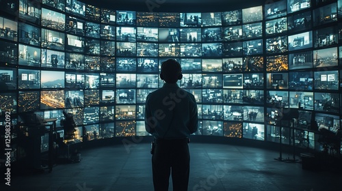 Man monitoring multiple security cameras showing cityscapes; surveillance, technology