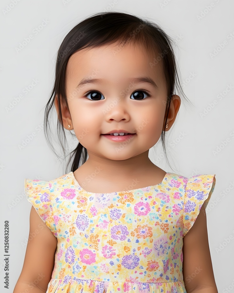 Smiling young girl in a floral dress against a plain background, exuding joy and innocence Smiling young girl in a floral dress against a plain background, exuding joy and innocence