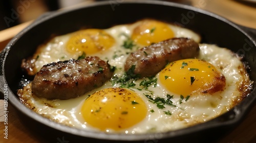 Fried quail eggs with sausage in goldn pan photo