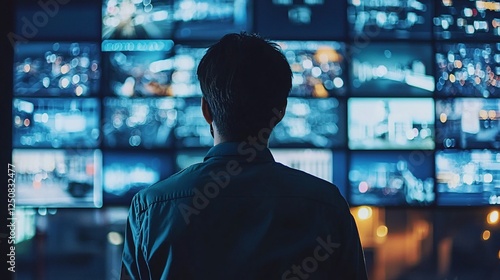 Man monitoring security screens; city night view; control room; data analysis; security