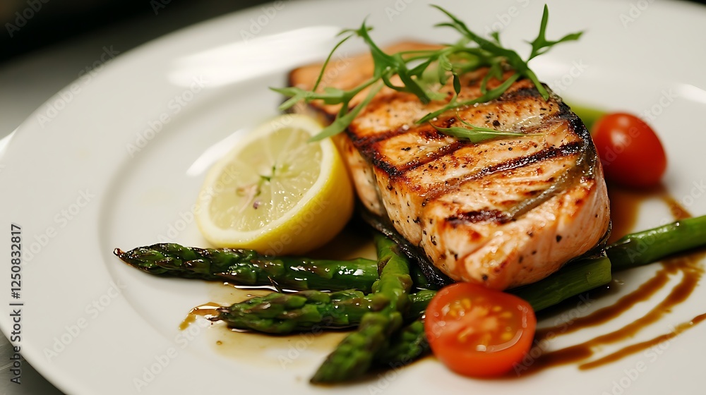 Fried salmon steak with cooked green asparagus cherry tomatoes and lemonthe Fried salmon steak with cooked green asparagus cherry tomatoes and lemonthe
