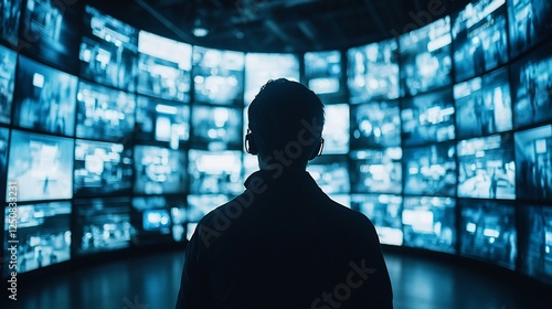 Man observing security screens, control room, monitoring data, background displays