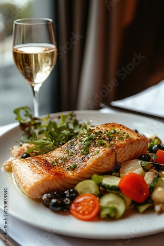Gourmet Salmon Steak with Fresh Vegetables and Glass of White Wine on Elegant Dining Table