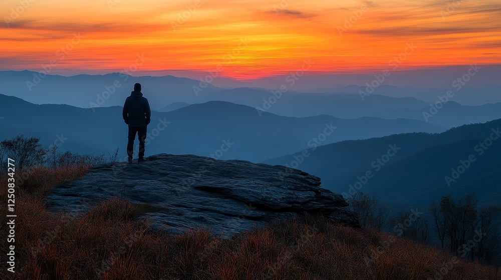 Man Contemplating Sunset Over Mountain Range Man Contemplating Sunset Over Mountain Range