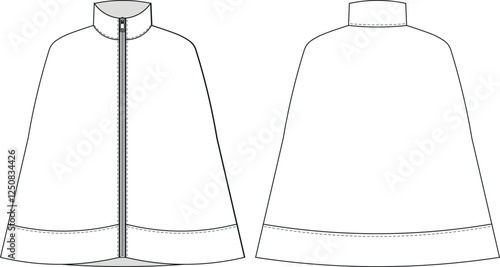 mandarin collared sleeveless zippered loose slouchy cape pancho coat jacket template technical drawing flat sketch cad mockup fashion woman design style model 
