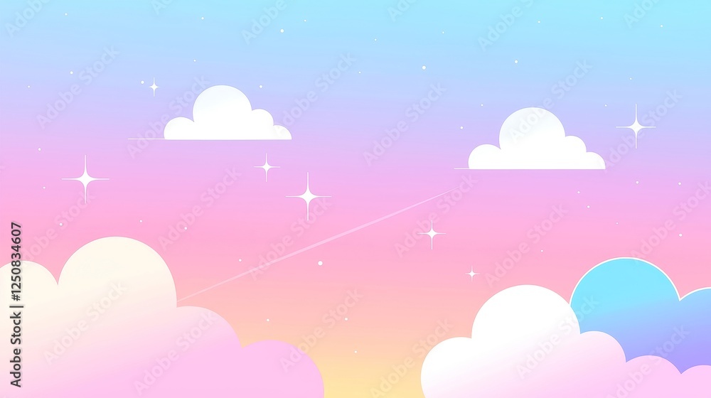 Fototapeta premium Pastel Cloud Dreams, whimsical doodle art featuring soft clouds and stars against a minimalist backdrop, inviting tranquility and imagination in a serene composition
