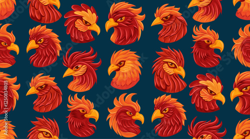 Vector seamless fairytale pattern with red phoenixes on dark blue background. Fable texture with parrot heads in cartoon fantasy style. Textile with hand drawn macaws for wallpaper