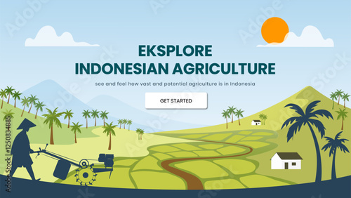 Palm oil plantation flat vector illustration. Indonesian traditional agricultutre. Palm oil plantation landing page. websites