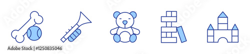 bone, trumpet, jenga, teddy bear, toy blocks. Toys Icon vector illustration. Line Duotone style. Editable stroke