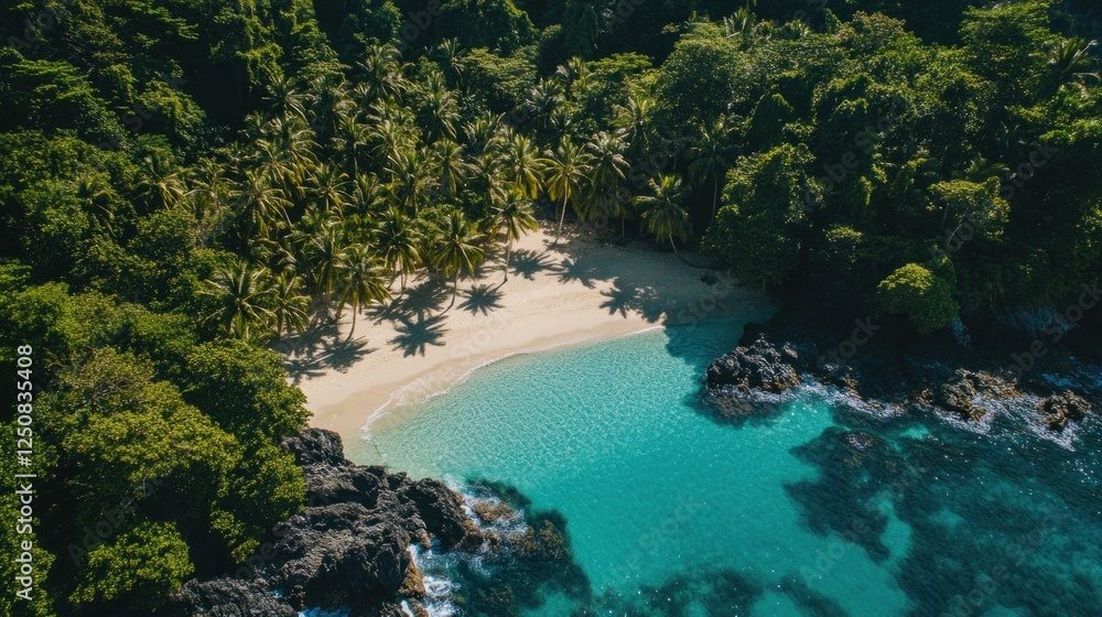 Secluded Tropical Paradise: Aerial View of Pristine Beach and Lush Green Foliage Secluded Tropical Paradise: Aerial View of Pristine Beach and Lush Green Foliage