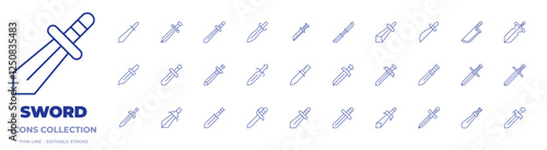 Sword icons collection. Thin Line icons, editable stroke. battle, defense, knife, sword, courage, great sword, machete, blades, double edged sword