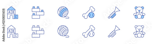 Toys icon set in two styles, Duotone and Thin Line style. Editable stroke. bone, trumpet, blocks, toy blocks, teddy bear, wool ball