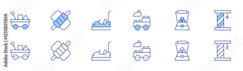 Toys icon set in two styles, Duotone and Thin Line style. Editable stroke. cart, blocks, toy machine, dough, cat toy, car