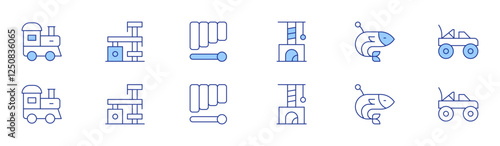 Toys icon set in two styles, Duotone and Thin Line style. Editable stroke. toy train, scratcher, fish, scratching post, xylophone, car toy