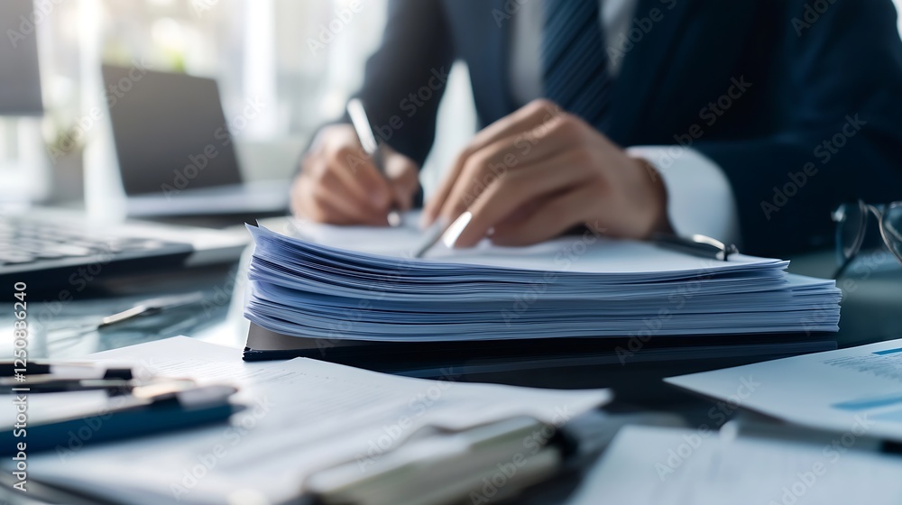 A businessman intensely focused on reviewing documents at a modern office desk illustrating diligence and professionalism : Generative AI A businessman intensely focused on reviewing documents at a modern office desk illustrating diligence and professionalism : Generative AI