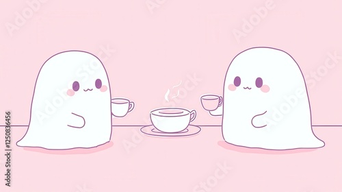 Whimsical Specters Tea Gathering, cheerful ghosts enjoying a delightful tea party in a minimalist setting, featuring playful doodle art and ample free space for creativity. photo