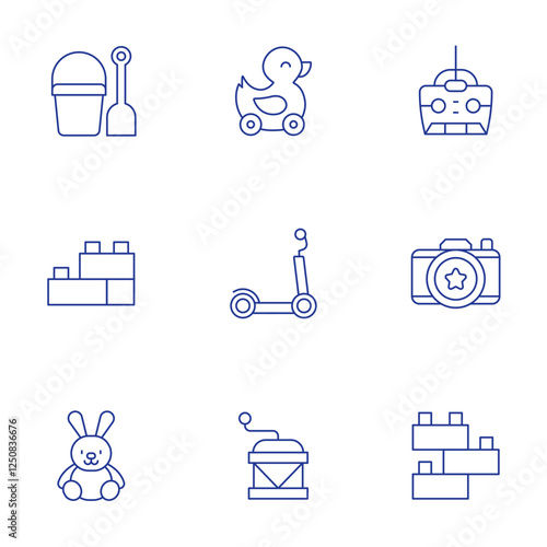Toys icons set. Thin Line style, editable stroke. beach, blocks, bunny, duck, kick scooter, music box, remote control, sand castle, toy blocks