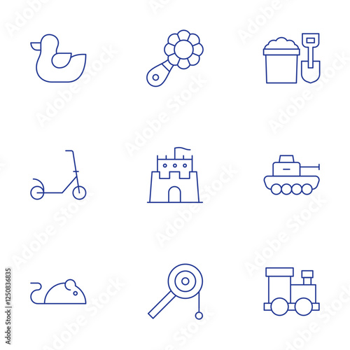 Toys icons set. Thin Line style, editable stroke. duck, kick scooter, mouse, rattle, sand bucket, sand castle, tank, toy, toy train