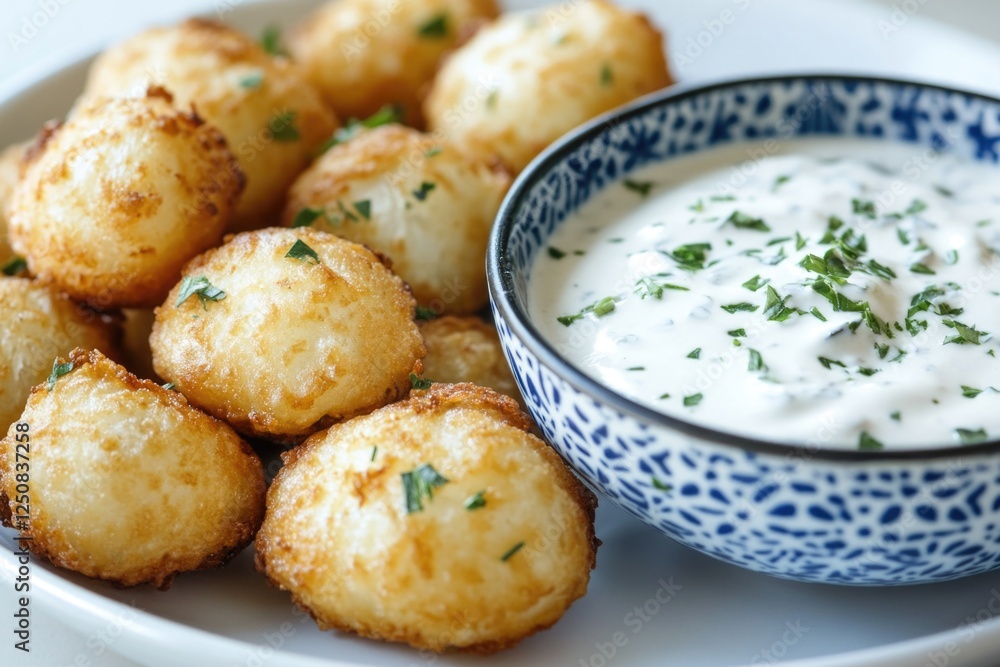 Fototapeta premium A plate of crispy tater tots served with a side of creamy dip for snacking