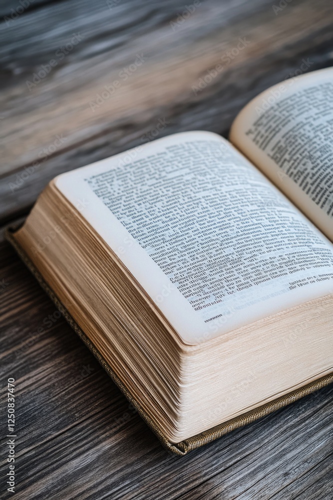 Fototapeta premium An open book sits on a wooden table, perfect for reading or studying