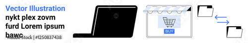 Laptop connected to an online storefront with a shopping cart, digital folders showing file sharing. Ideal for e-commerce, business, shopping, technology, marketing, cloud storage, flat landing page
