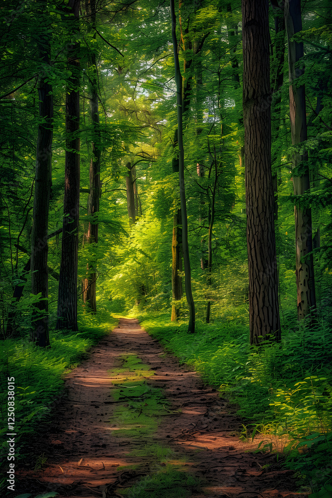 Fototapeta premium Tranquil Pathways: A Peaceful Walk Through Serene Forest Trails Touched by Gentle Sunlight