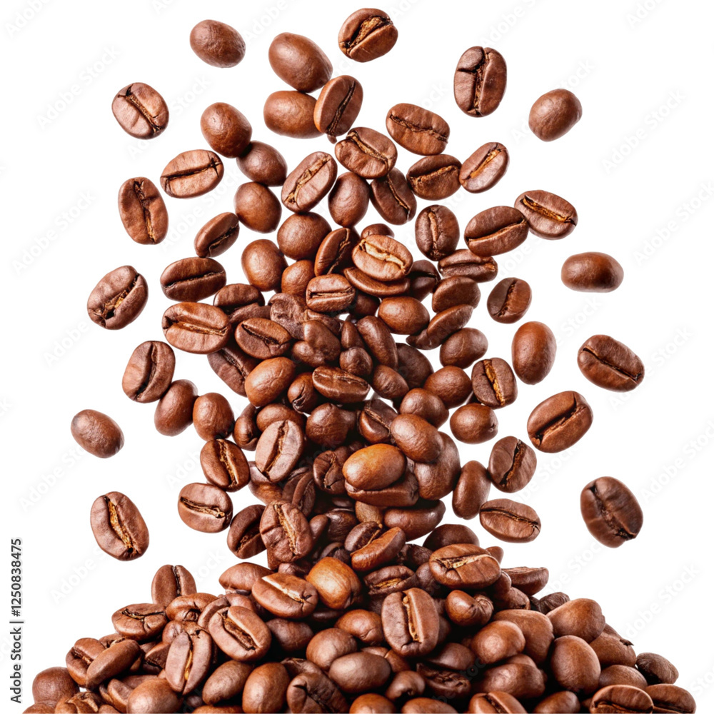 Obraz premium Falling Coffee Beans Isolated on White Background, Close-Up Shot