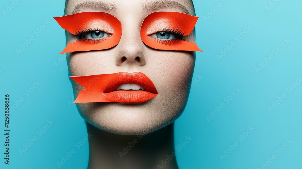 Artistic Elegance: A striking beauty with a bold, avant-garde makeup look featuring vibrant orange accents set against a serene blue backdrop. Artistic Elegance: A striking beauty with a bold, avant-garde makeup look featuring vibrant orange accents set against a serene blue backdrop.