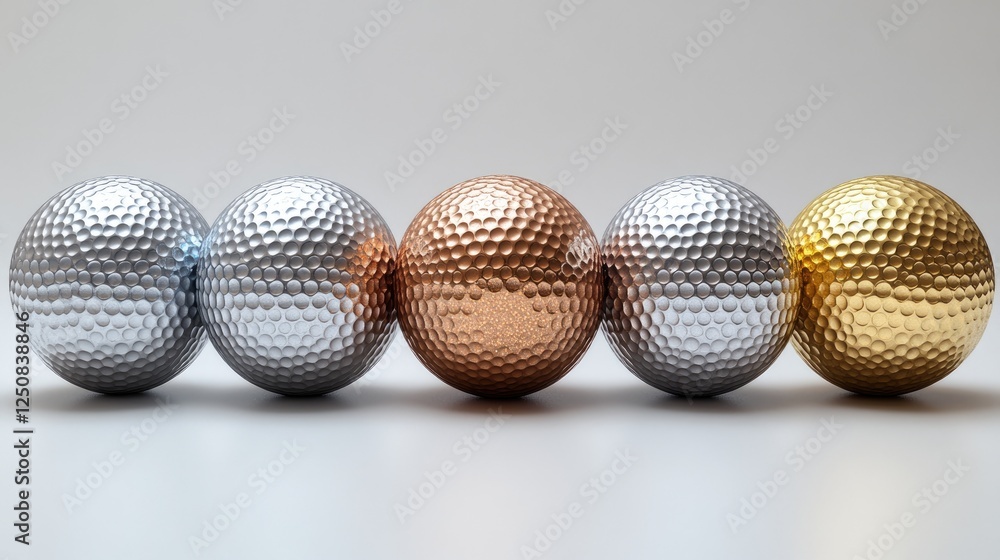 Five golf balls are arranged in a row on a reflective white surface. Five golf balls are arranged in a row on a reflective white surface.