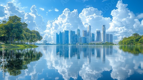 City skyline reflected in a serene lake, lush greenery, sunny day. Possible use Stock photo photo