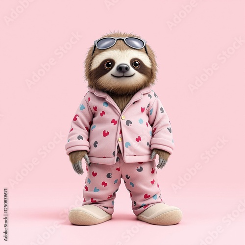Sloth wearing stylish pajamas and sunglasses posing playfully against a pink background