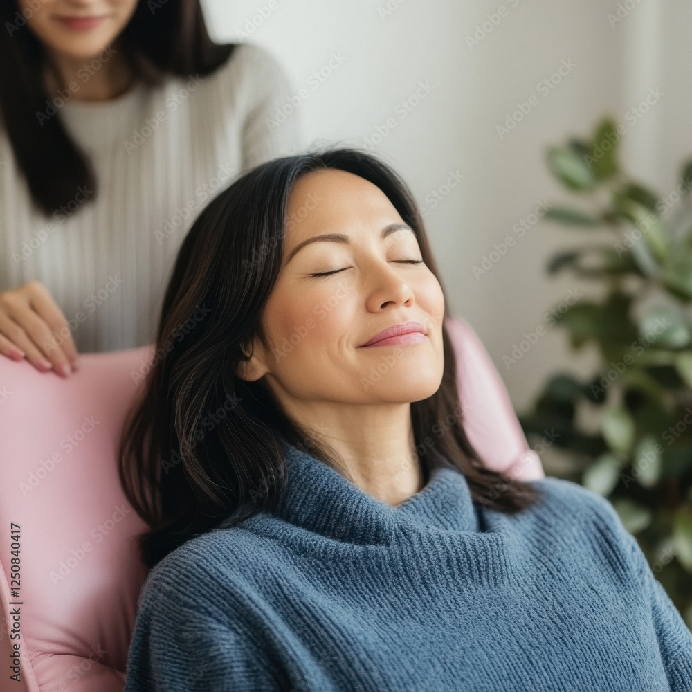 A beautiful japanese business owner, and smiling. in her thirties, wearing blue sweater, is sitting on a pink queen's couch A beautiful japanese business owner, and smiling. in her thirties, wearing blue sweater, is sitting on a pink queen's couch