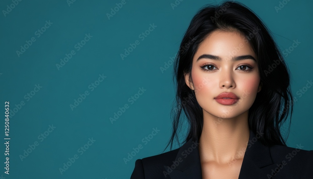 Confident woman teal background portrait, studio shot, beauty, cosmetics, advertising Confident woman teal background portrait, studio shot, beauty, cosmetics, advertising
