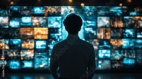A silhouette of a man standing in front of a massive wall of glowing digital screens  displaying complex data  futuristic interfaces  and cyber visuals