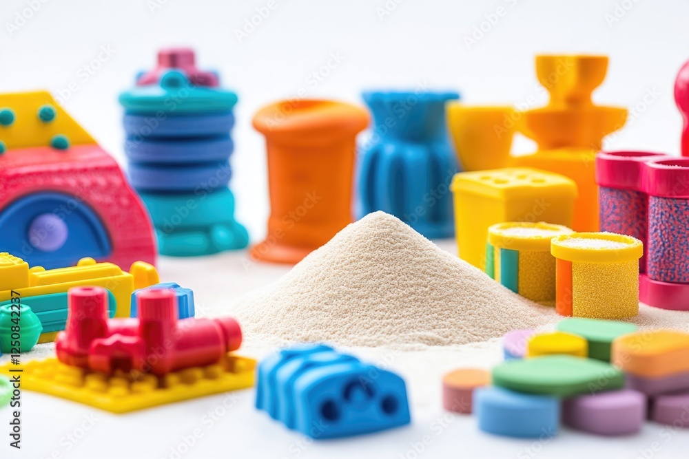 A pile of sand next to a pile of colorful plastic toys A pile of sand next to a pile of colorful plastic toys