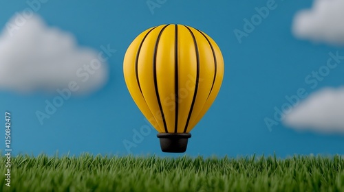 Yellow Hot Air Balloon over Green Grass: A cheerful yellow hot air balloon with black stripes floats gently over a vibrant green grassy field against a clear blue sky dotted with fluffy white clouds.