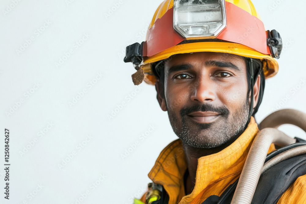 Fototapeta premium Indian firefighter in full gear on a plain white background, holding a hose, ready for action