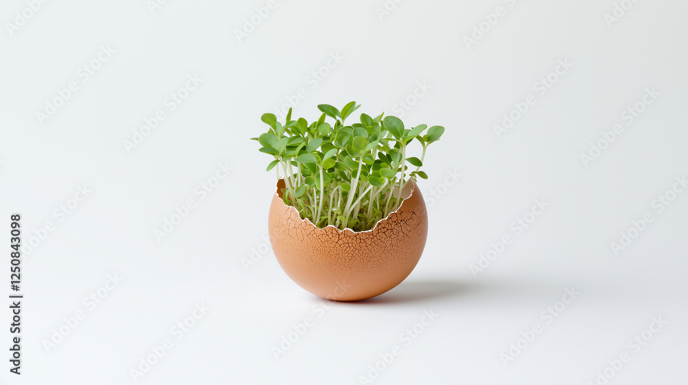Fototapeta premium A fragile eggshell cradling fresh green sprouts, representing sustainability