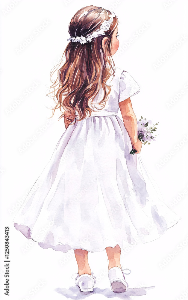 Naklejka premium Watercolor illustration of a young girl in a white First Communion dress with a flowery headdress in a soft artistic style