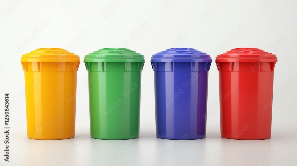 Colorful recycling bins arranged in a row, promoting eco-friendly waste disposal Colorful recycling bins arranged in a row, promoting eco-friendly waste disposal