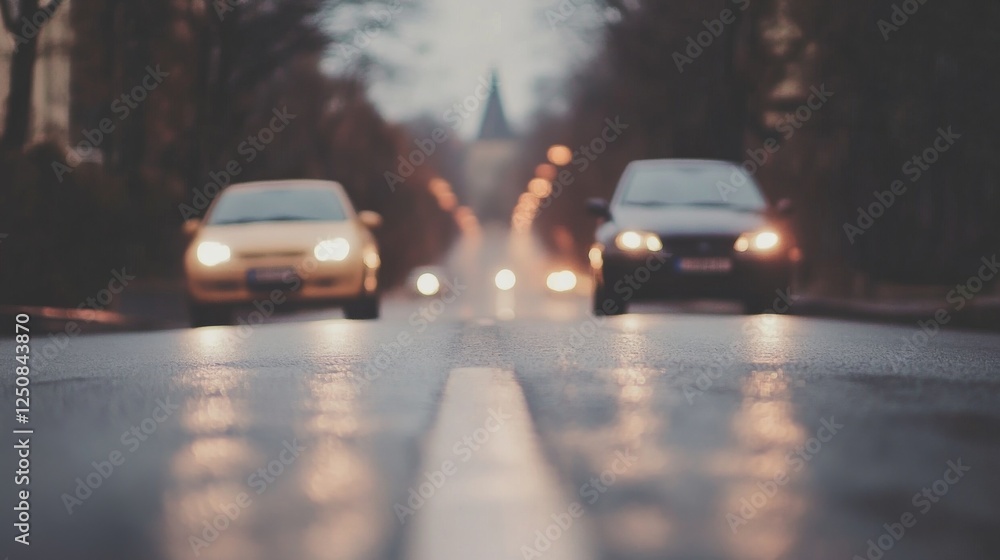 Evening street scene with cars driving on a wet road, blurred lights in the background Evening street scene with cars driving on a wet road, blurred lights in the background
