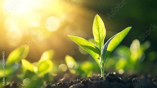 New Life Emerging from Soil with Sunlight Illuminating Fresh Green Leaves : Generative AI