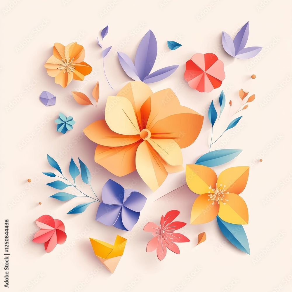 Obraz premium Paper flowers bouquet, spring design, pastel background, craft art