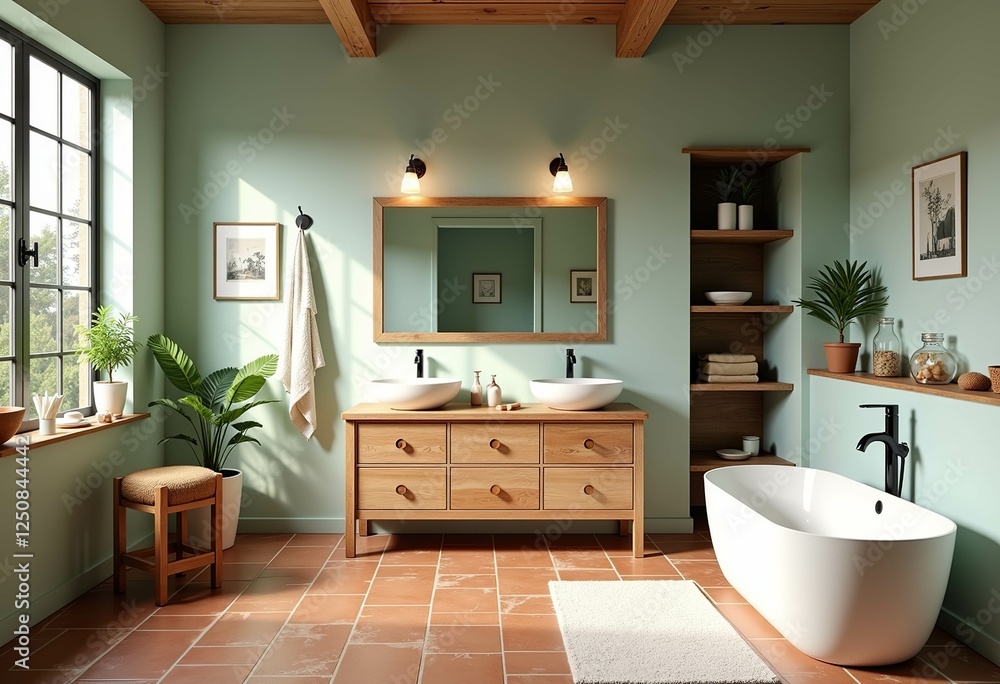 Fototapeta premium Sage Green Modern Farmhouse Bathroom Design: Whitewashed Wood, Terracotta Floors, and a Wooden Bath Tray. A Wide Angle View Highlighting a Classic Pedestal Sink, Natural Wooden Shelves, and Sleek Fram