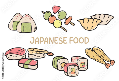 Set of icons Japanese Food theme. With doodle style. For layout, website, graphic design.