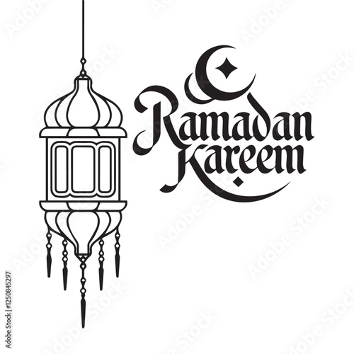 Silhouette sketch of Mosque with Domes, Minarets, Archways, and 'Ramadan Kareem' Calligraphy Design