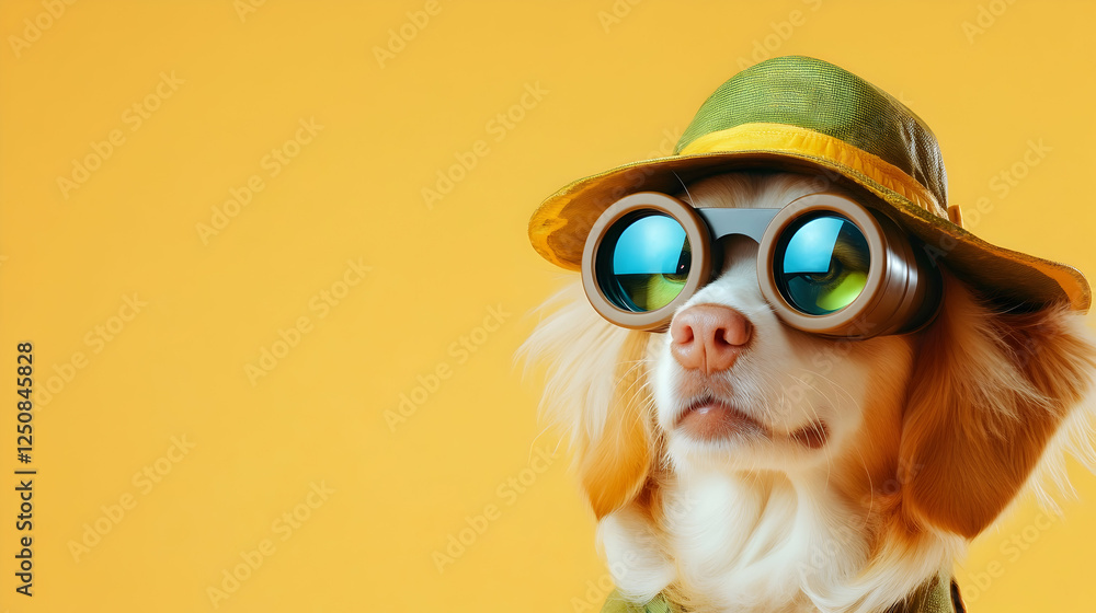 Obraz premium A stylish dog in oversized goggles and a hat poses against a bright yellow background