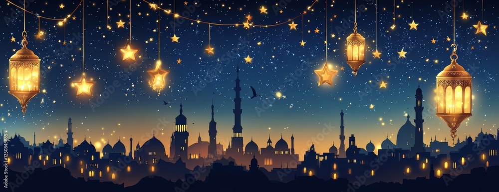Night Cityscape, Lanterns, Stars, Festive Night Cityscape, Lanterns, Stars, Festive
