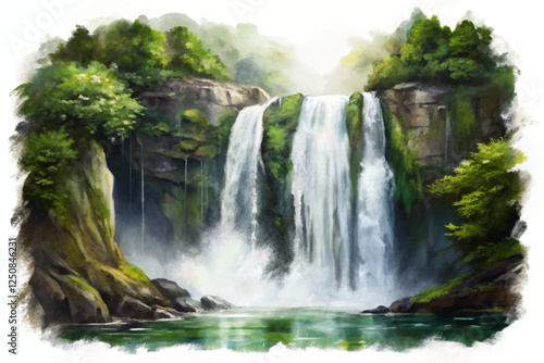 Majestic waterfall scene, lush greenery, serene nature landscape, vibrant colors, tranquil water flow, artistic illustration.