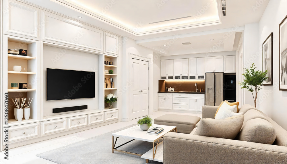 Fototapeta premium A Modern luxury Living room built-in with tv cabinet, wall paneling and pantry bar.